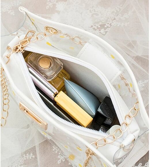 Mini Floral Daisy Transparent Square Crossbody Shoulder Bag Inner Pouch White - Picture 3 of 5